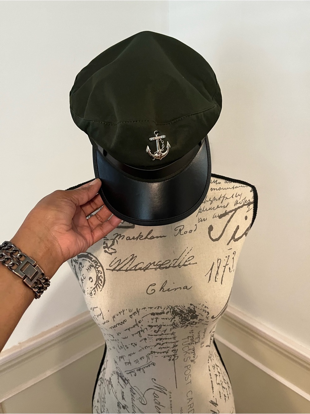 Olive Green Nautical Captain's Cap with Anchor Pin